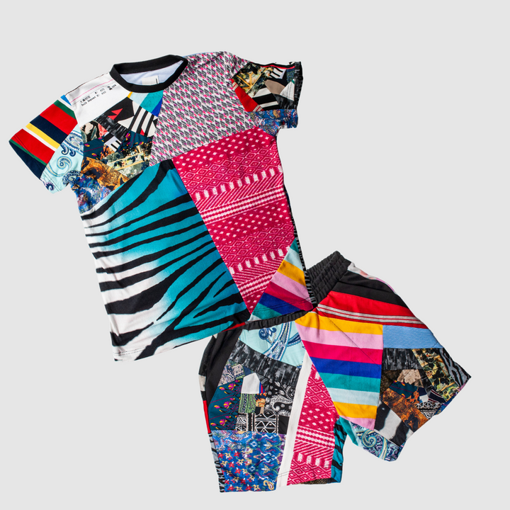 mixed print 'all-over reroll' bundle (tee shirt + short)