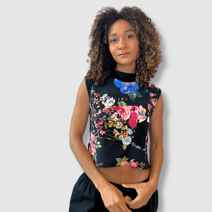 black florals 'all-over reroll' cropped tank top *NEW RELEASE*