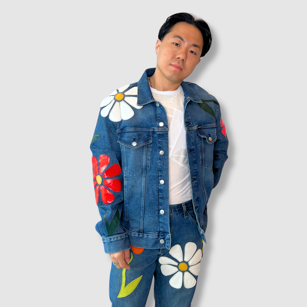 denim 'leather daisies' jacket