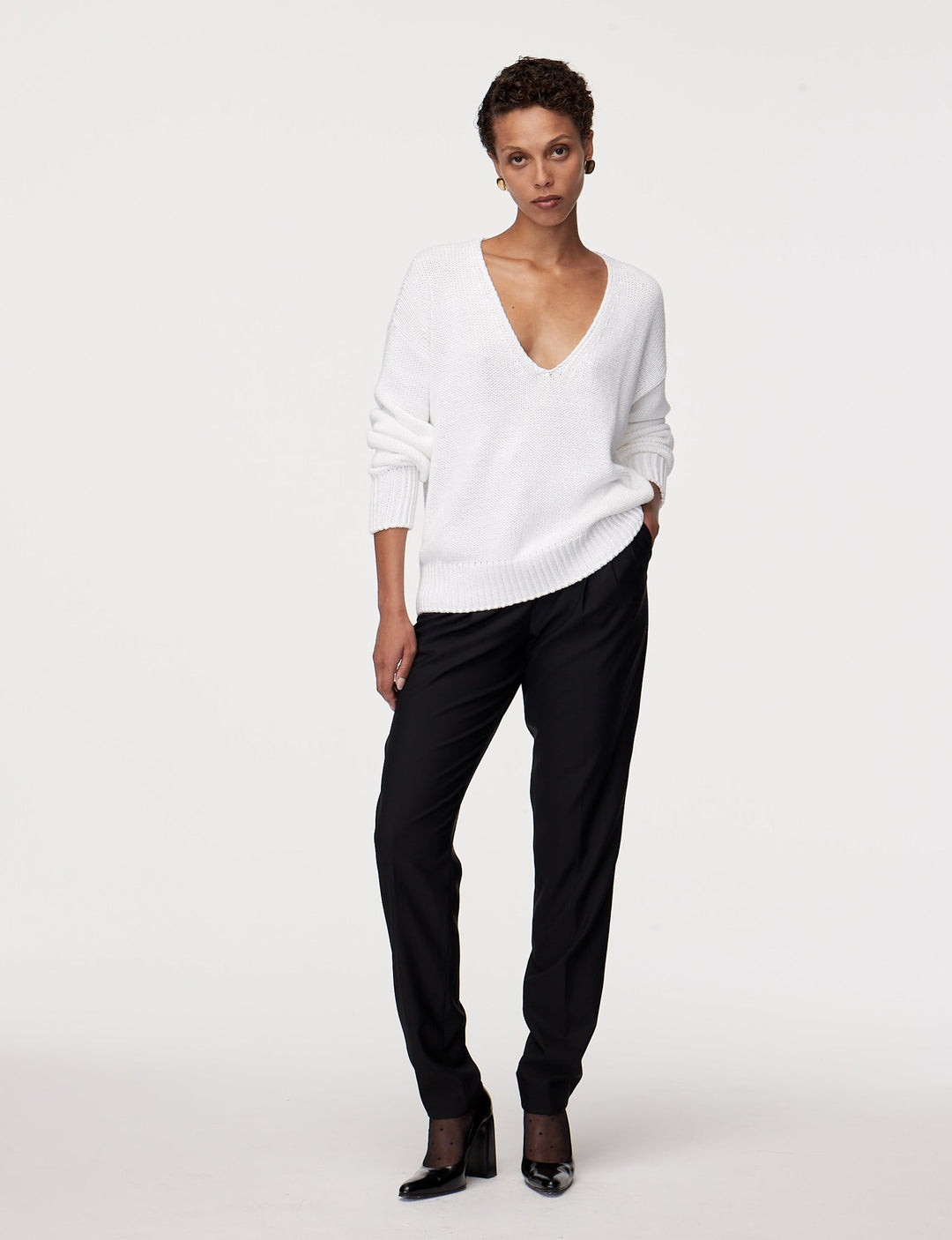 Draped Knit V-Neck Sweater