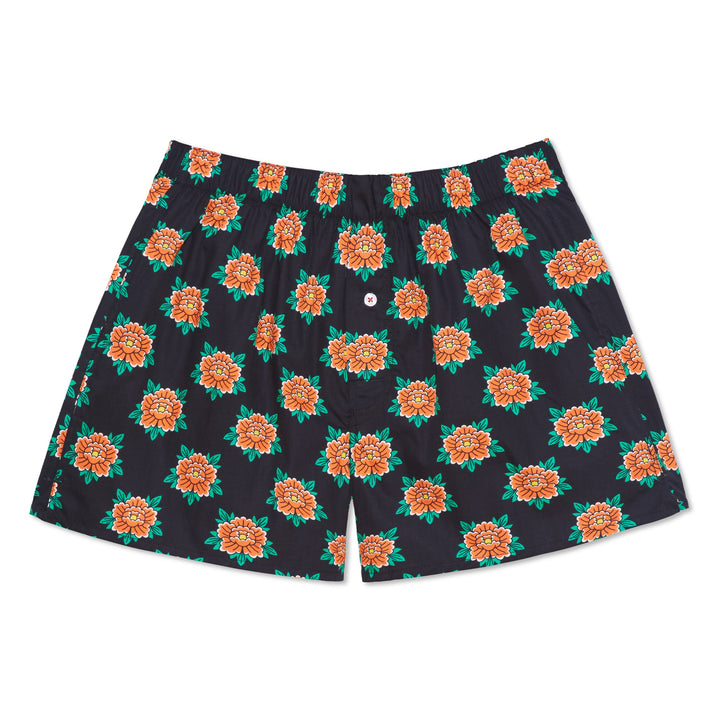 Organic Cotton Kiku Punk Flower Boxer Short - Black