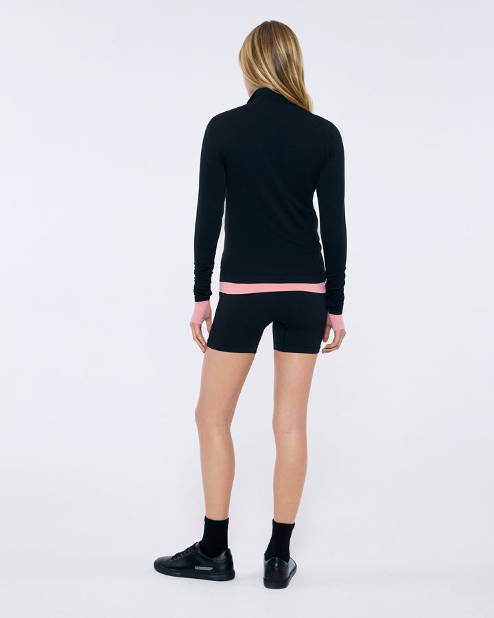 Womens 99% Bio-Based Zipped Long Sleeve Top—Black