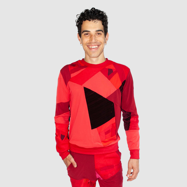 red 'all-over reroll' sweatshirt