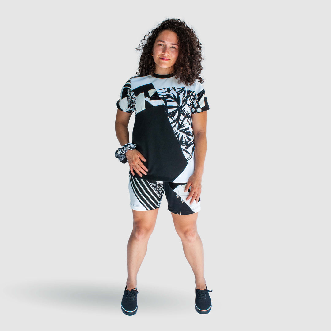 black + white 'all-over reroll' short