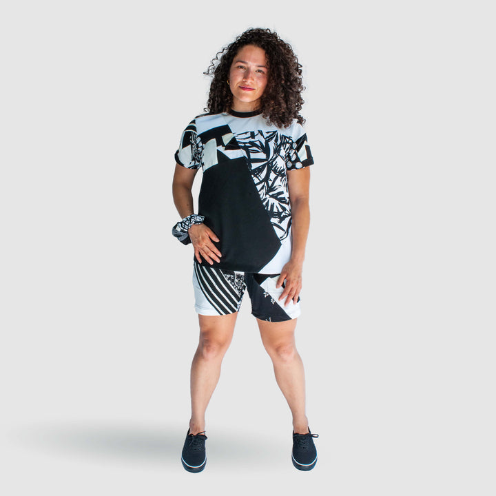 black + white 'all-over reroll' short