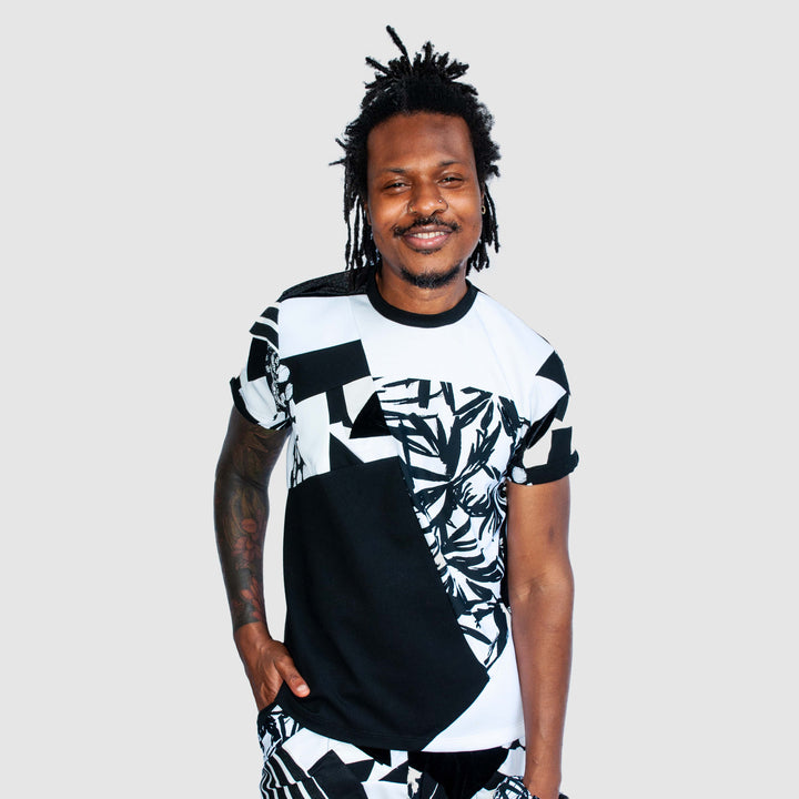 black + white 'all-over reroll' short sleeve tee shirt