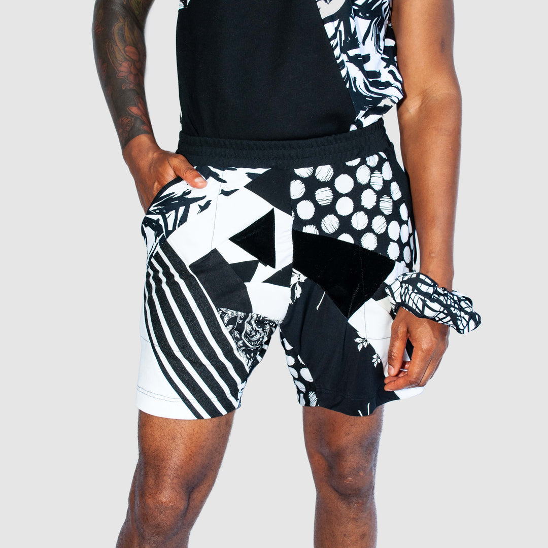 black + white 'all-over reroll' short