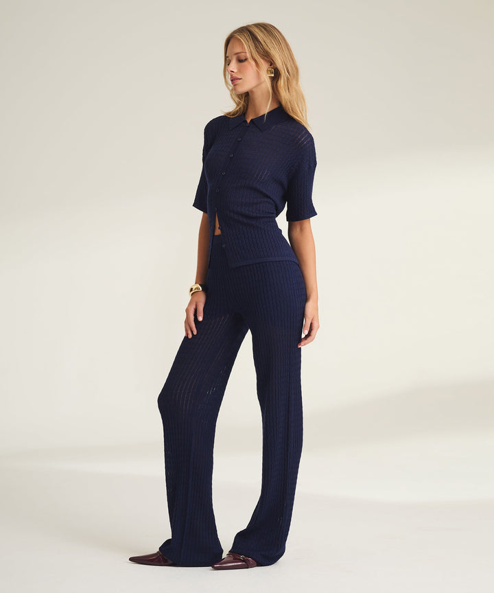 Extra Fine Cable Pointelle Short Sleeve Button Up
