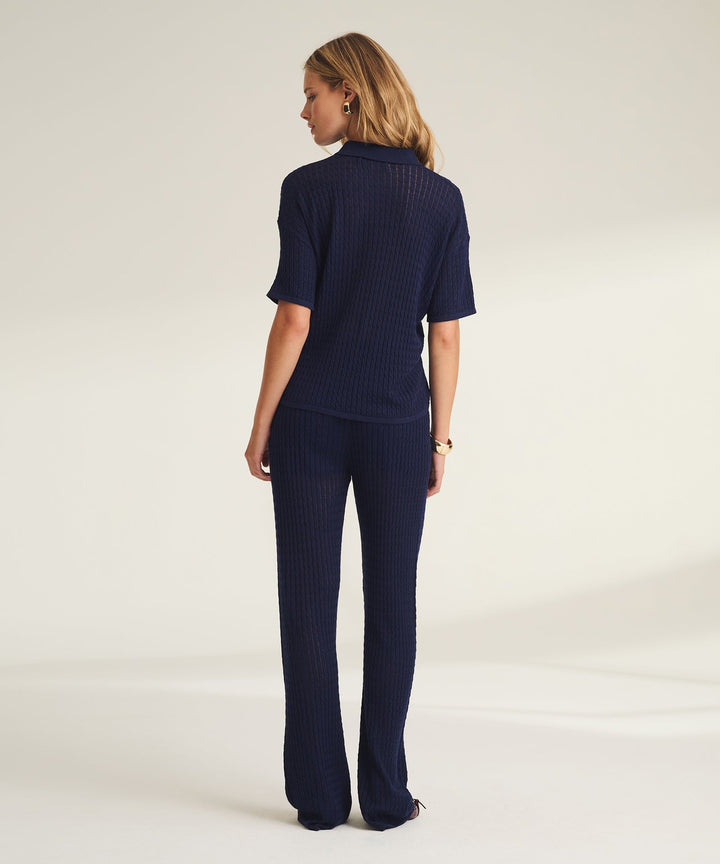Extra Fine Cable Pointelle Short Sleeve Button Up