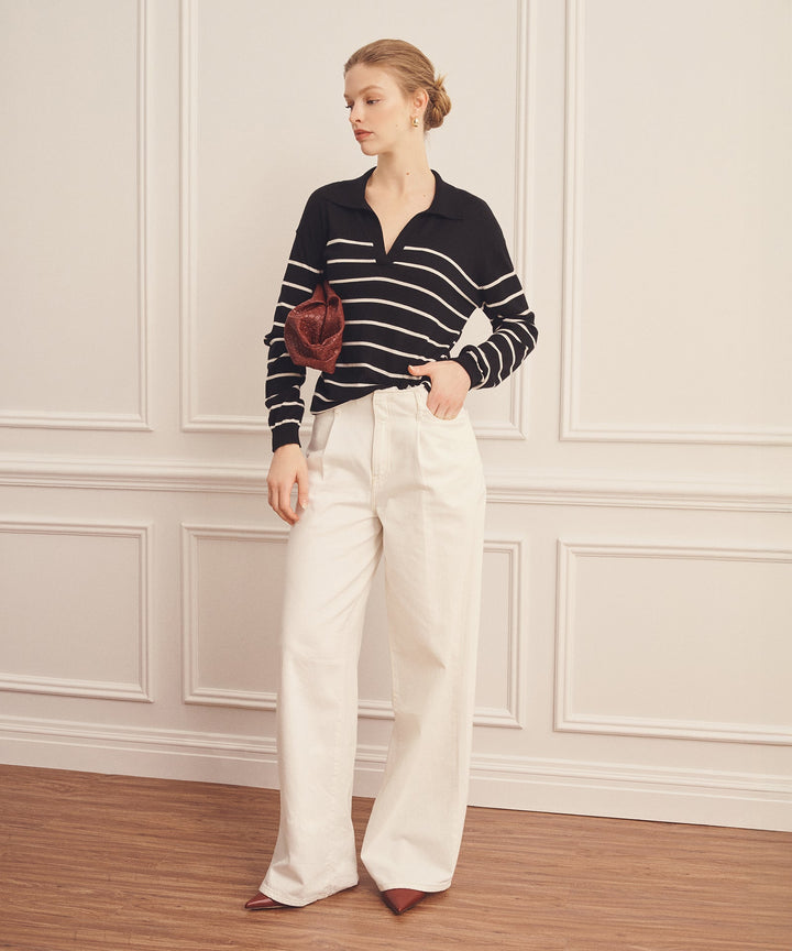 Super Fine Cashmere Long Sleeve Striped Polo