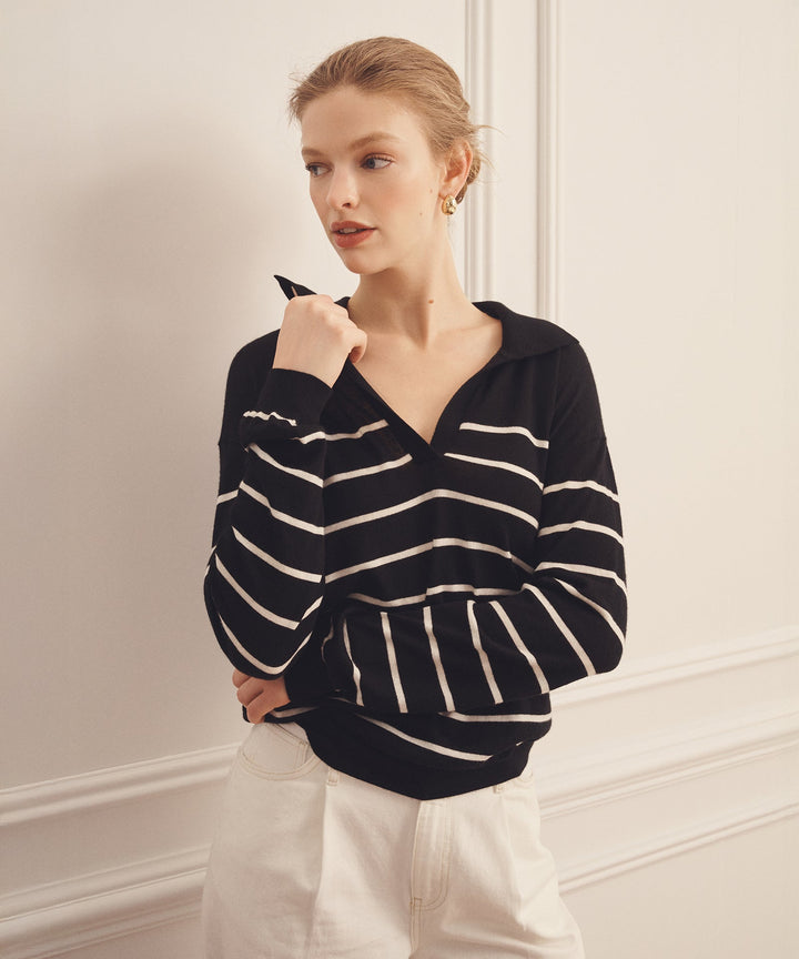 Super Fine Cashmere Long Sleeve Striped Polo