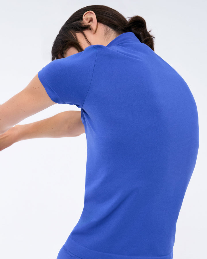 Womens 99% Bio-Based Zipped Short Sleeve Top—Gaia Blue
