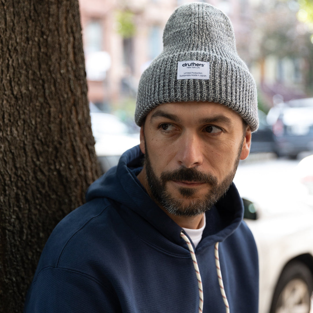 Merino Wool Big Knit Beanie - Navy Melange