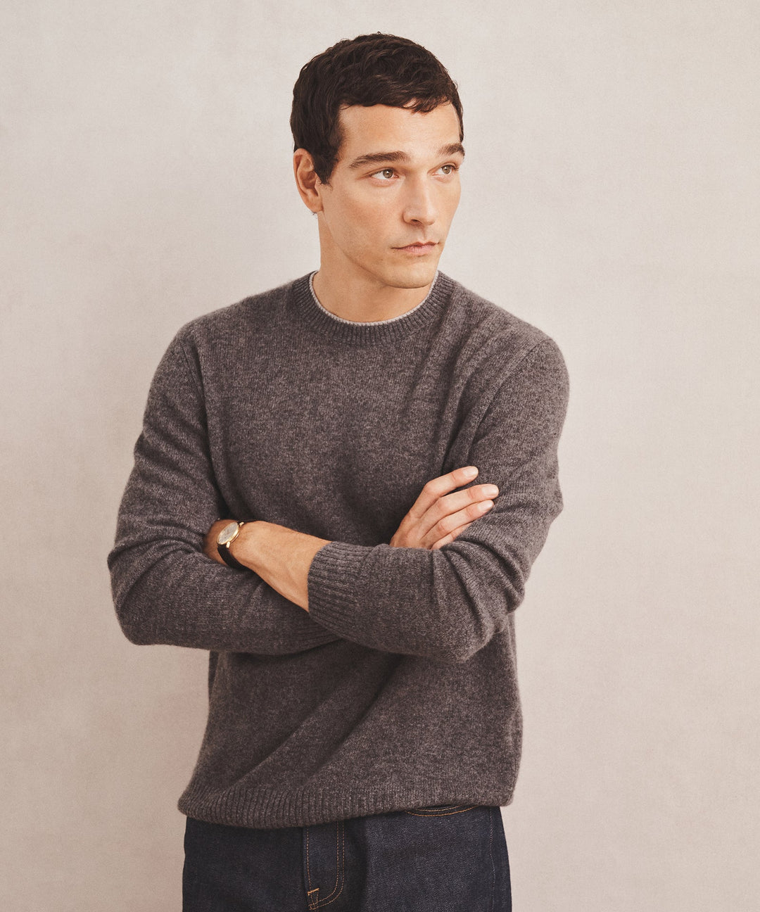 Lightweight Cashmere Contrast Trim Crewneck Sweater