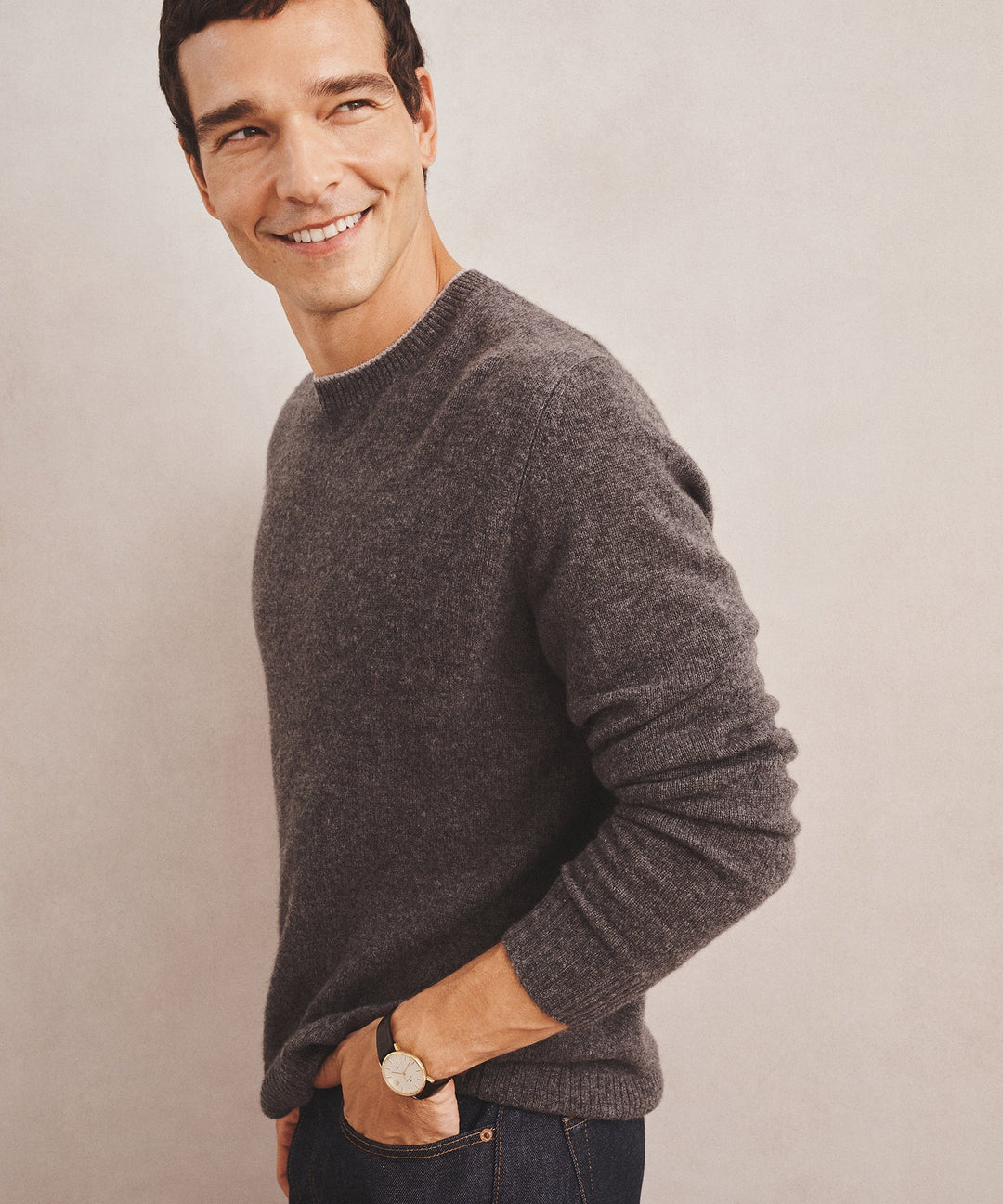 Lightweight Cashmere Contrast Trim Crewneck Sweater