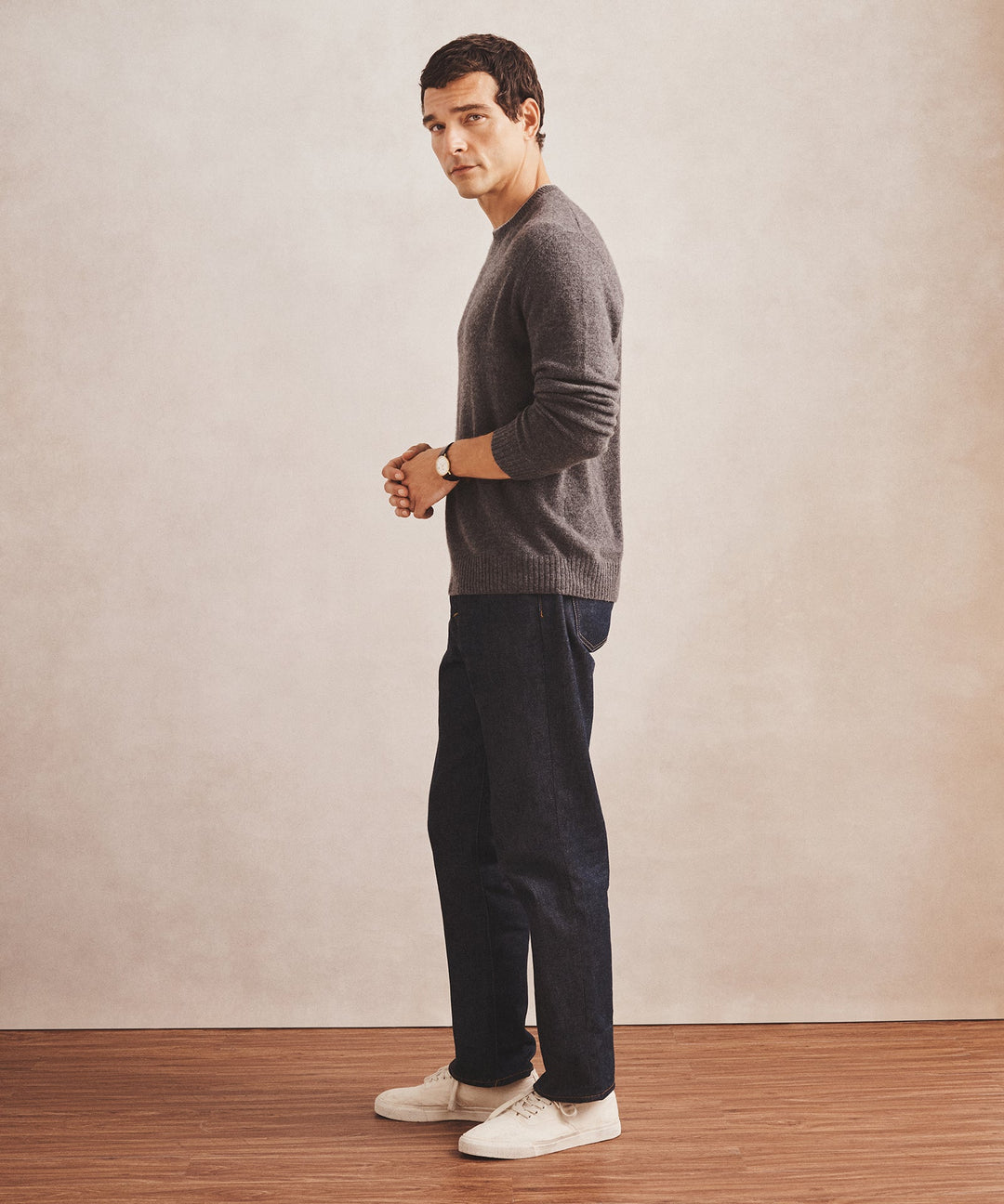 Lightweight Cashmere Contrast Trim Crewneck Sweater