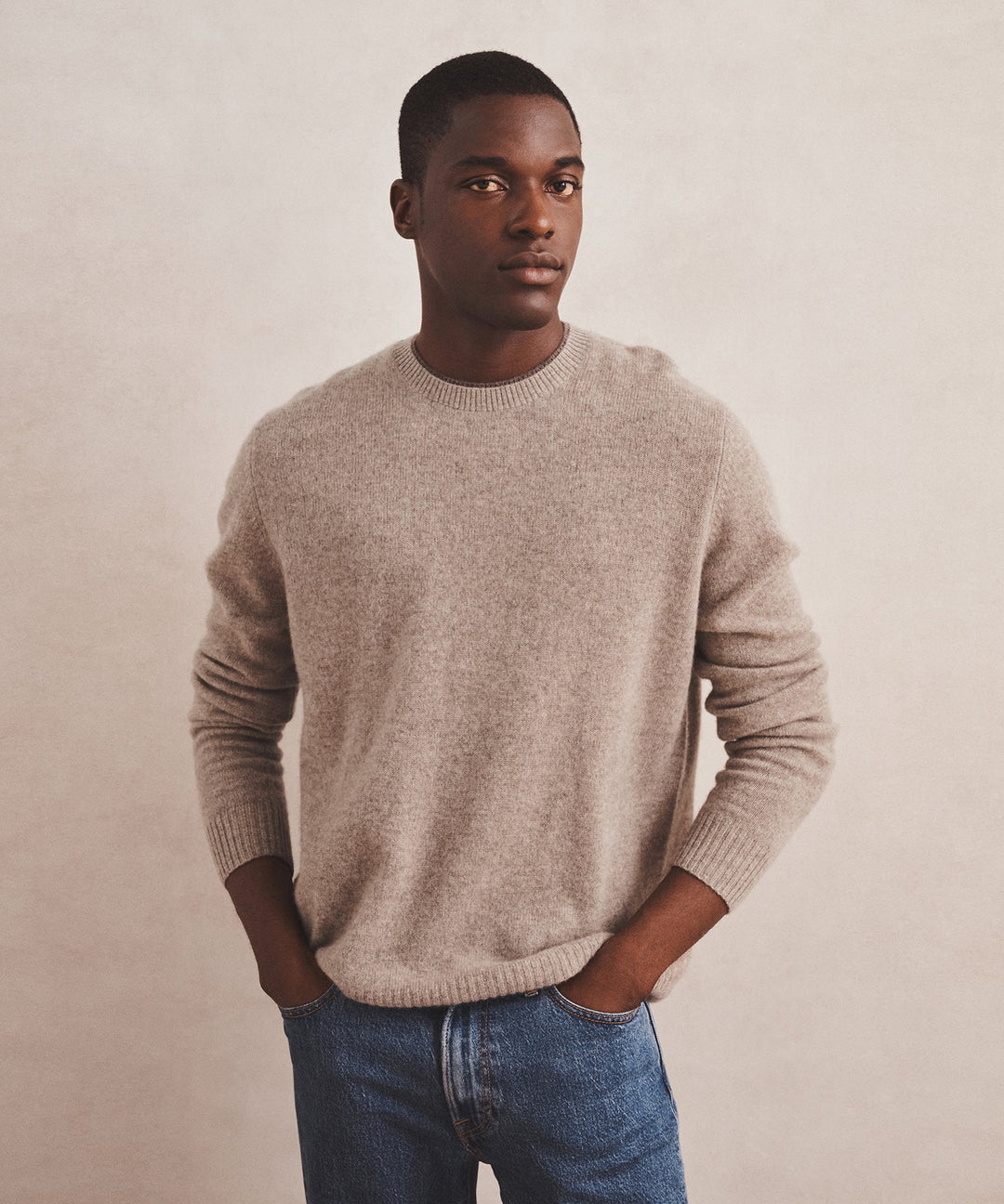 Lightweight Cashmere Contrast Trim Crewneck Sweater