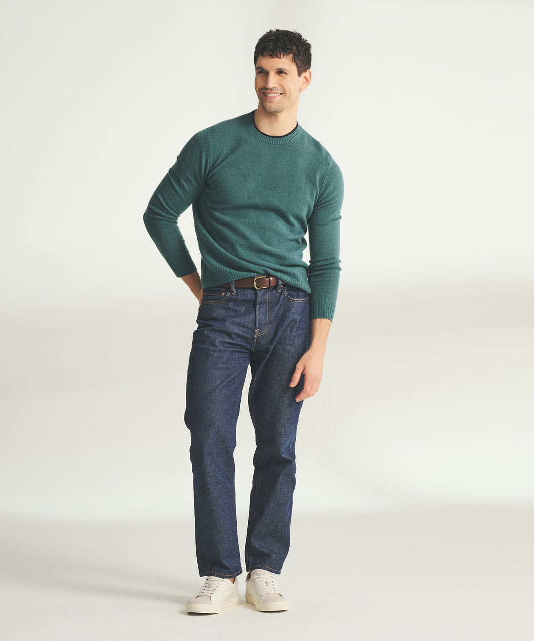 Lightweight Cashmere Contrast Trim Crewneck Sweater
