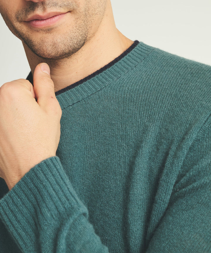 Lightweight Cashmere Contrast Trim Crewneck Sweater