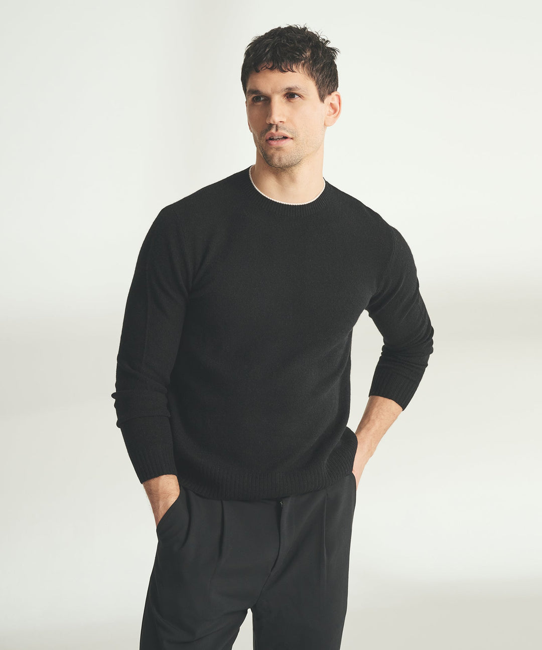 Lightweight Cashmere Contrast Trim Crewneck Sweater