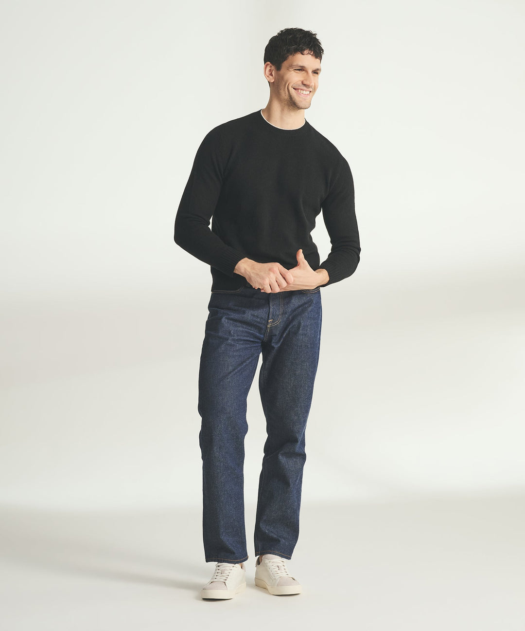 Lightweight Cashmere Contrast Trim Crewneck Sweater