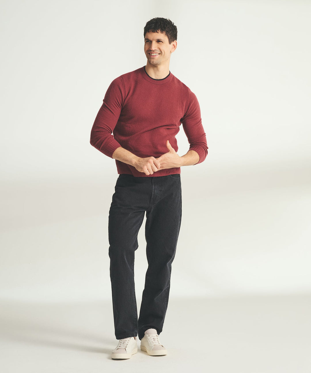 Lightweight Cashmere Contrast Trim Crewneck Sweater