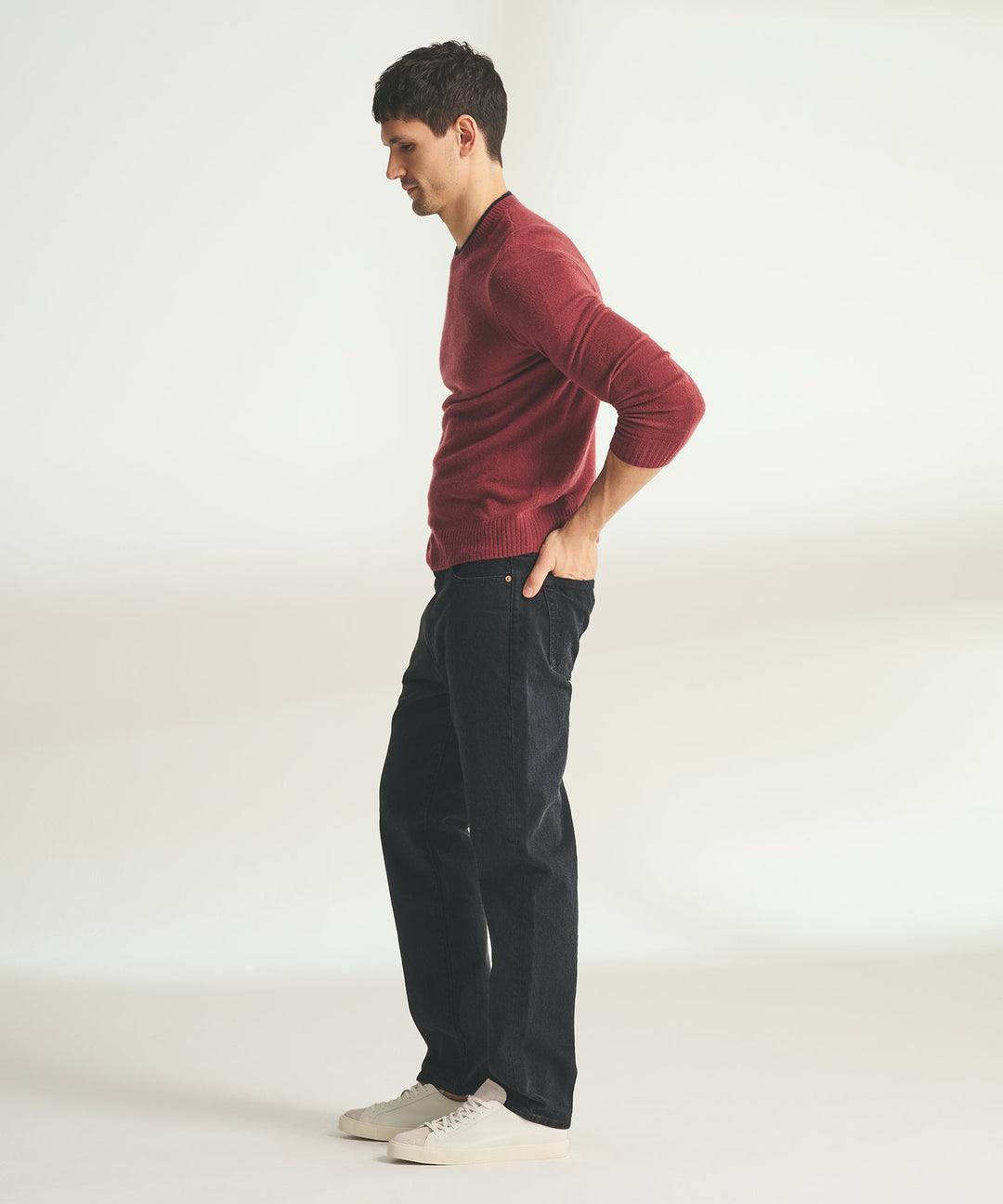 Lightweight Cashmere Contrast Trim Crewneck Sweater