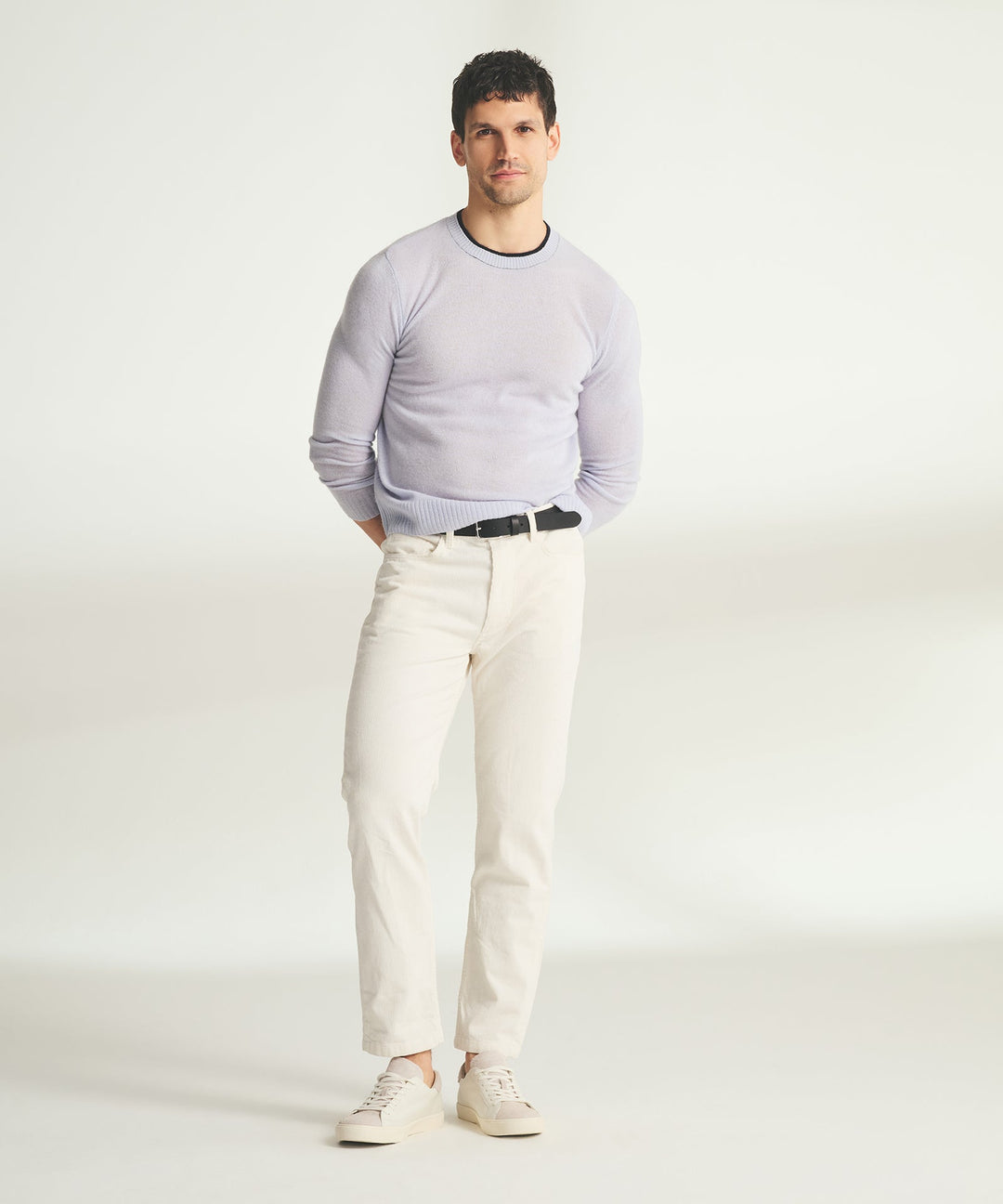 Lightweight Cashmere Contrast Trim Crewneck Sweater