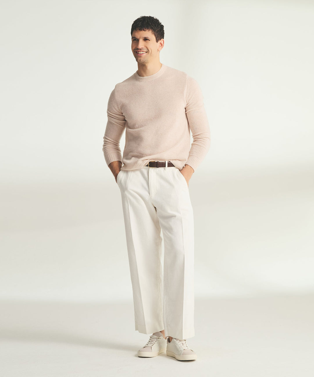 Lightweight Cashmere Contrast Trim Crewneck Sweater