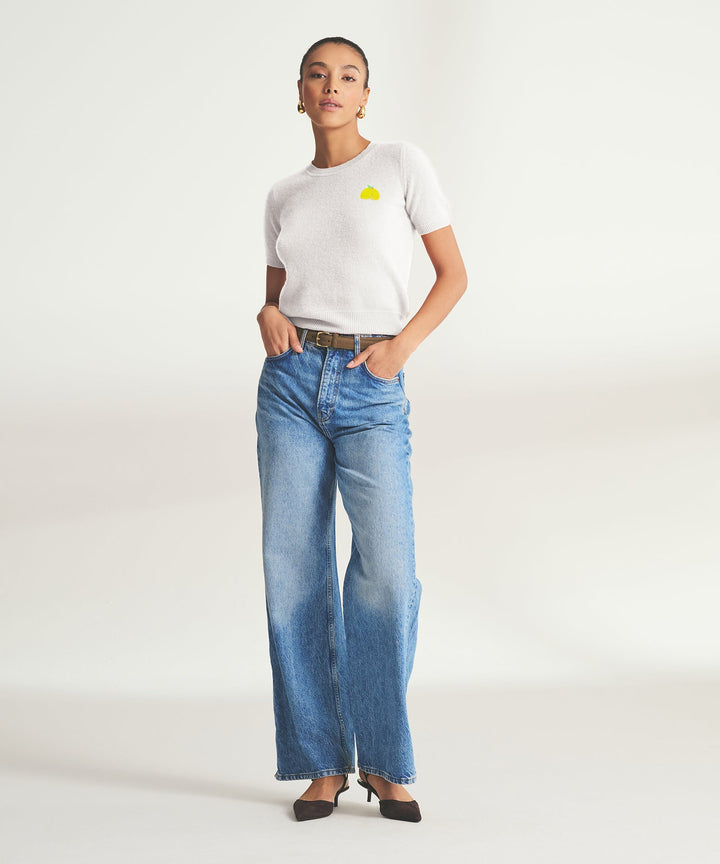 Women's Embroidered Lemons Short Sleeve Sweater