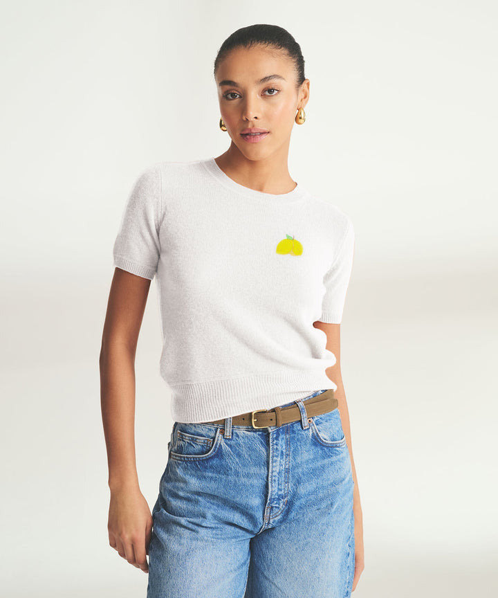 Women's Embroidered Lemons Short Sleeve Sweater