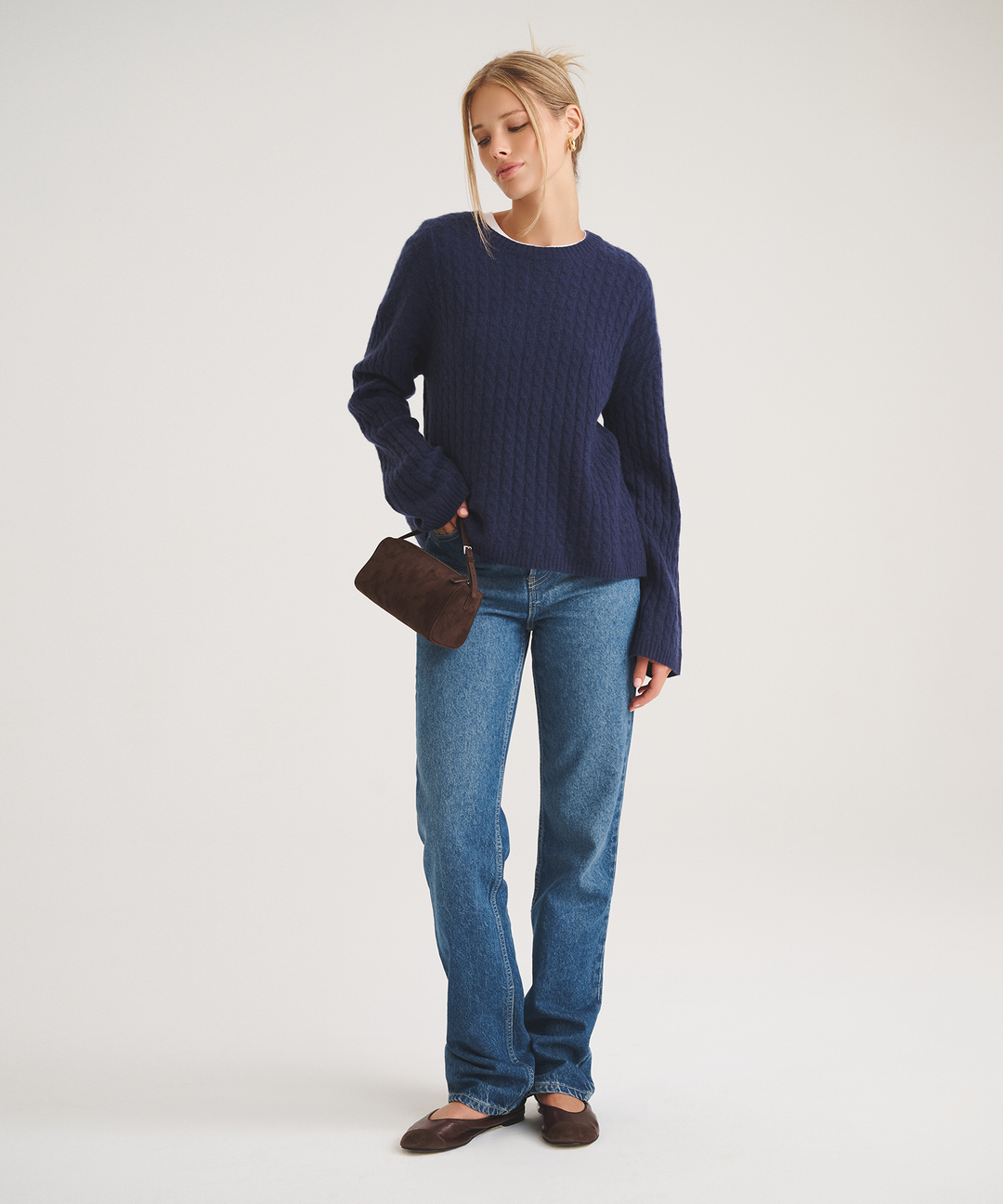 Basic Cashmere Cable Knit Crewneck Sweater