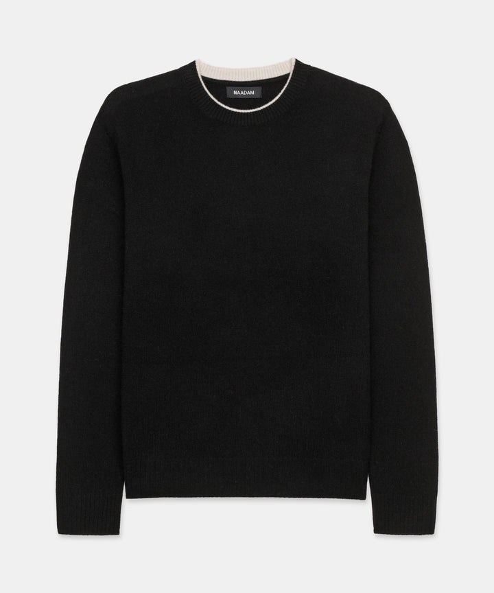Lightweight Cashmere Contrast Trim Crewneck Sweater
