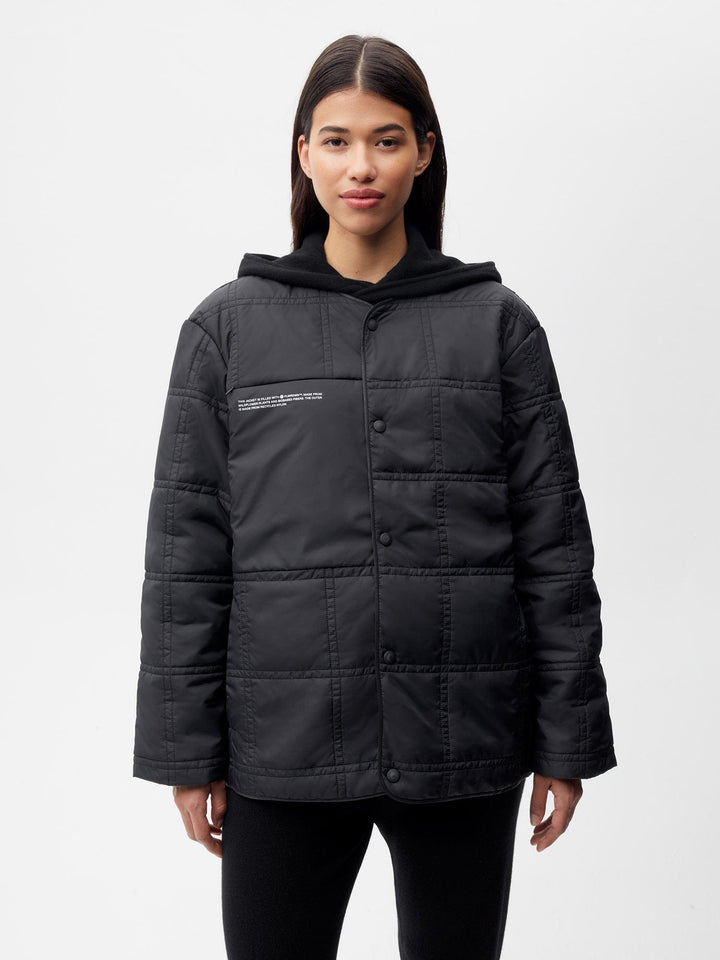 Womens Flower-Warmth Quilted Collarless Jacket —black