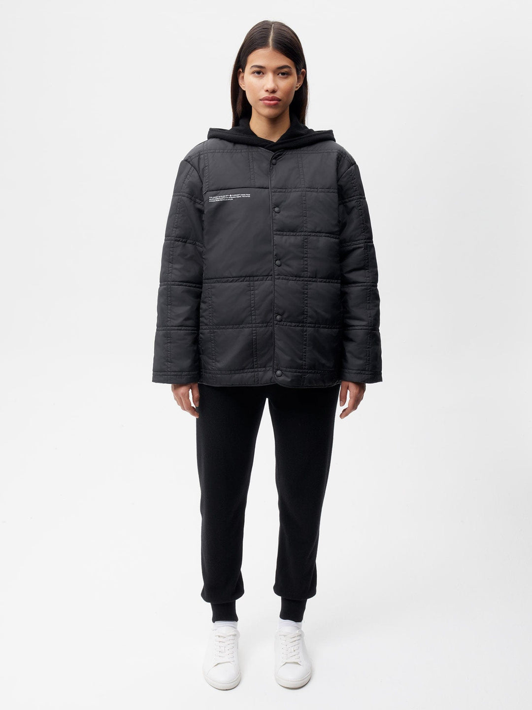 Womens Flower-Warmth Quilted Collarless Jacket —black