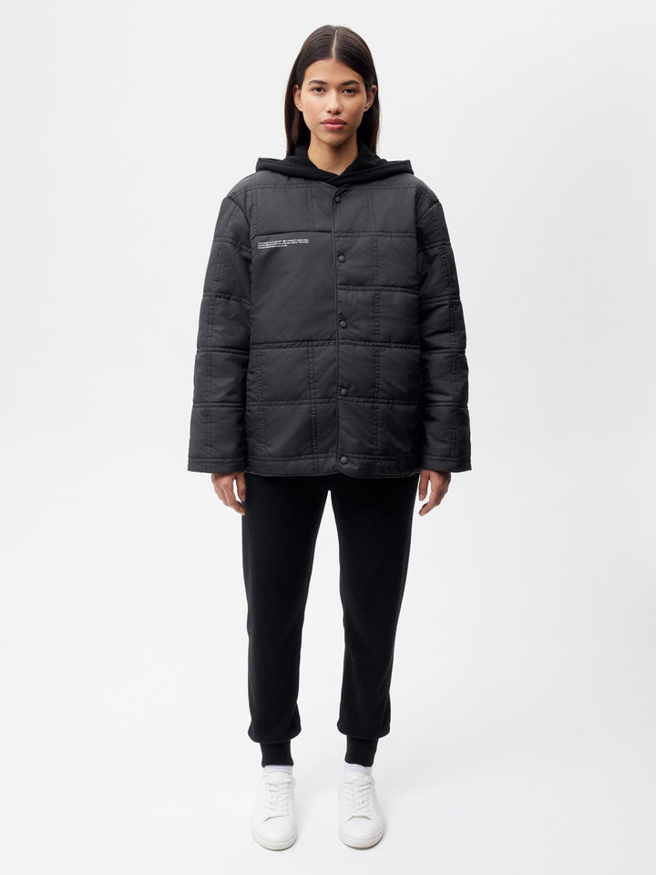 Womens Flower-Warmth Quilted Collarless Jacket —black