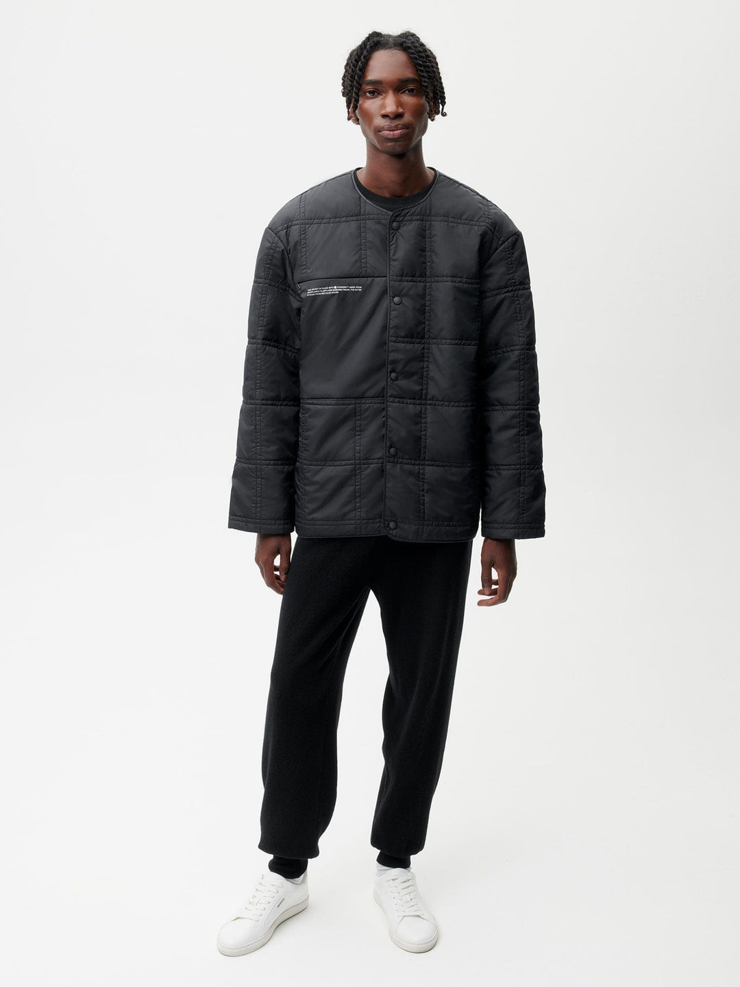 Mens Flower-Warmth Quilted Collarless Jacket —black