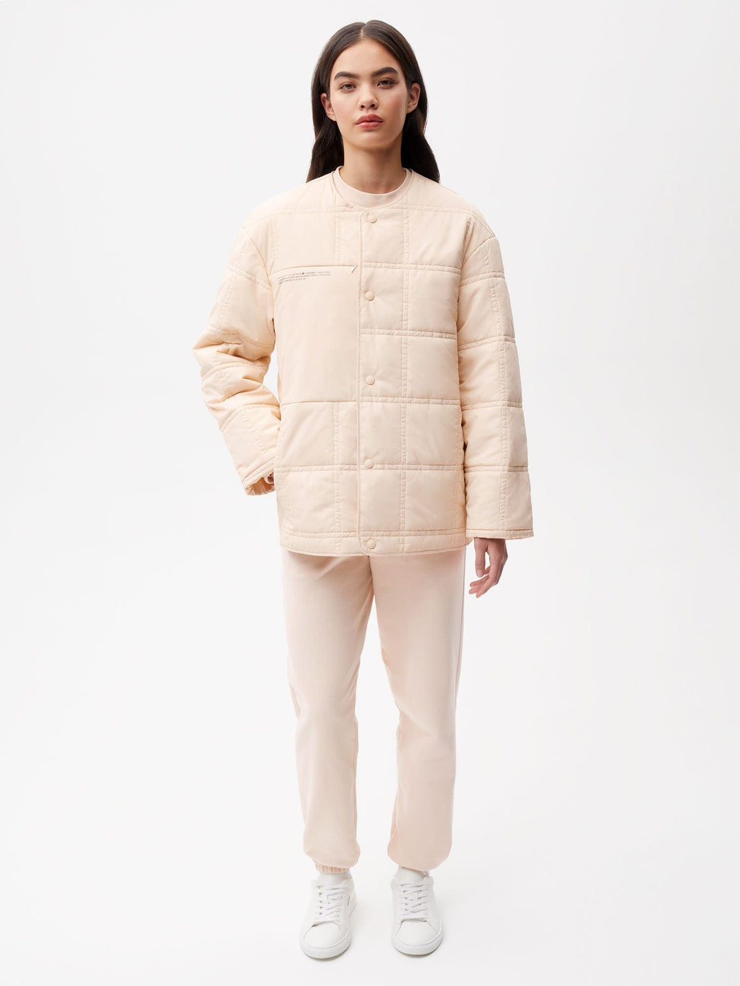 Womens Flower-Warmth Quilted Collarless Jacket—sand
