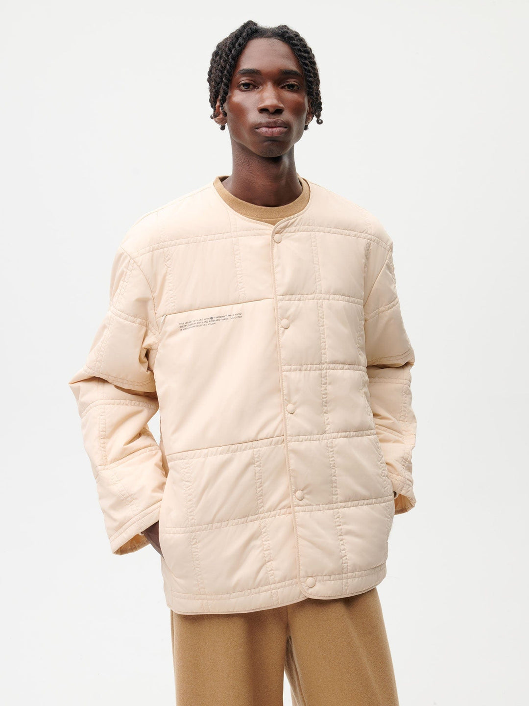 Mens Flower-Warmth Quilted Collarless Jacket—sand