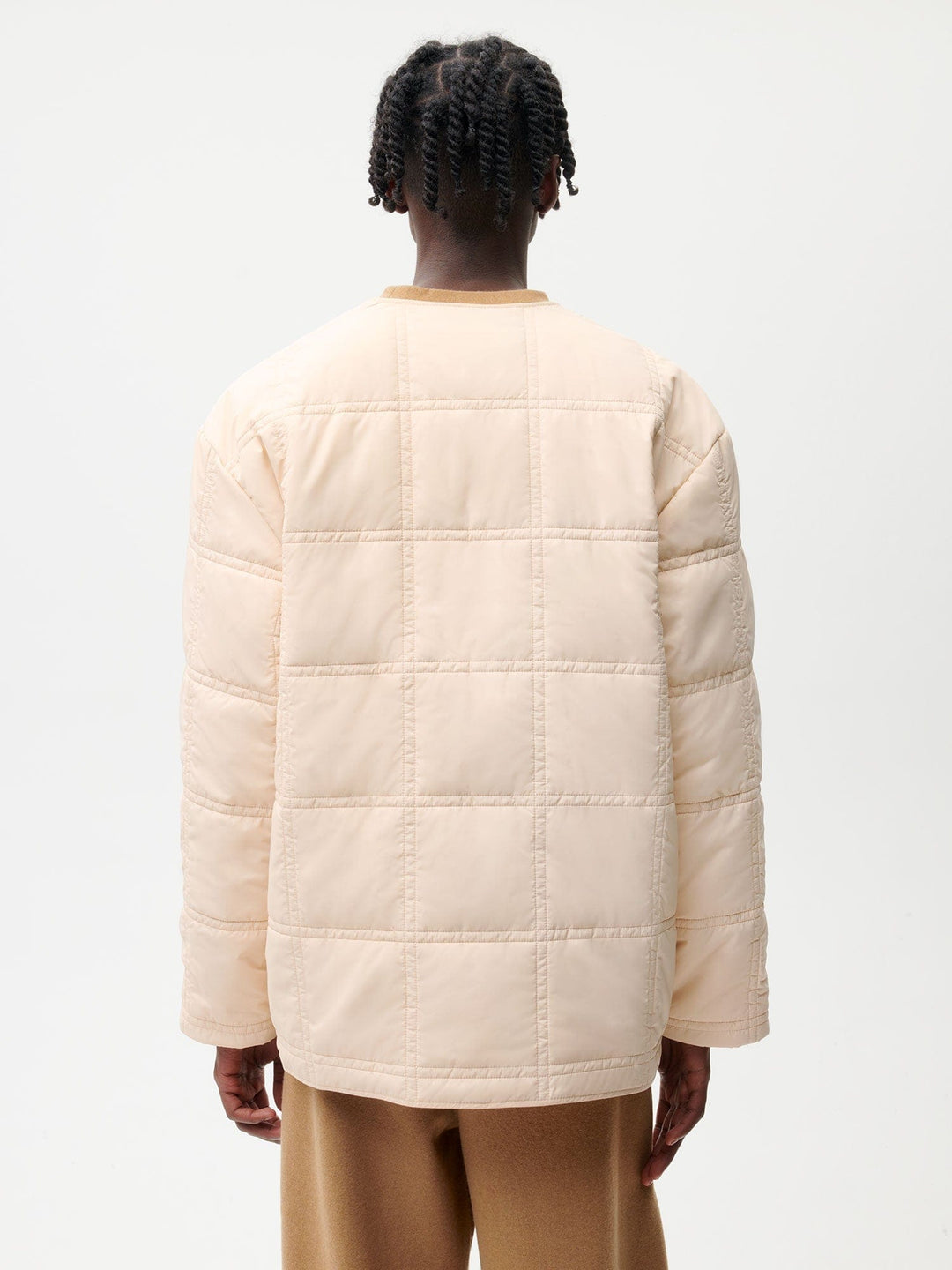 Mens Flower-Warmth Quilted Collarless Jacket—sand