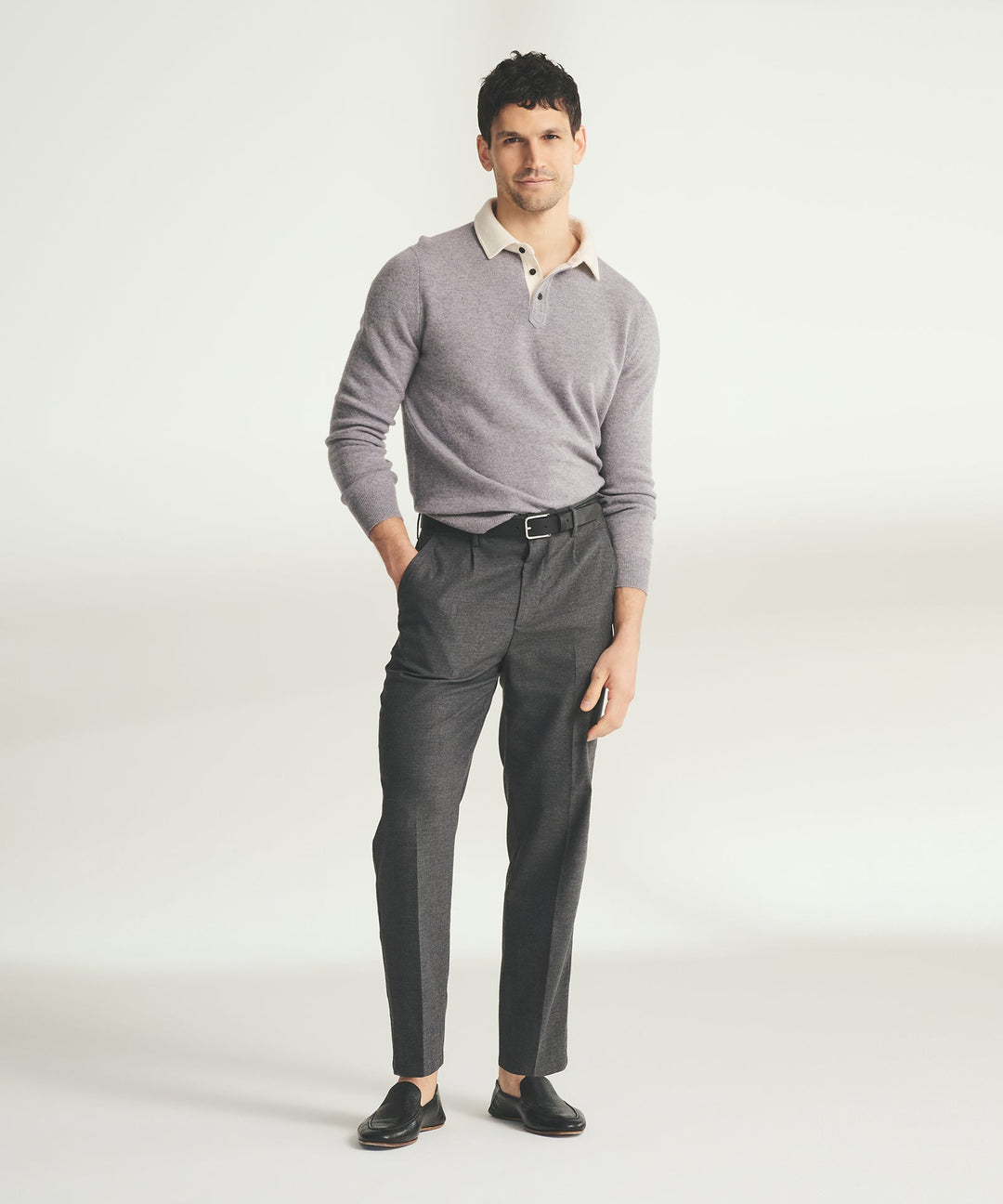 Signature Cashmere Long Sleeve Polo with Contrast Collar