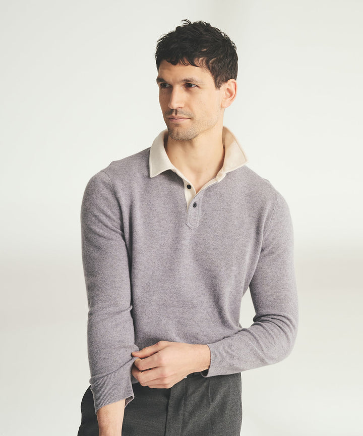 Signature Cashmere Long Sleeve Polo with Contrast Collar