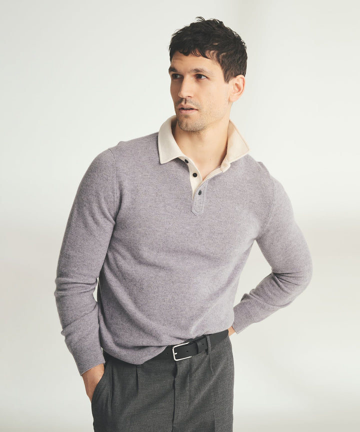 Signature Cashmere Long Sleeve Polo with Contrast Collar