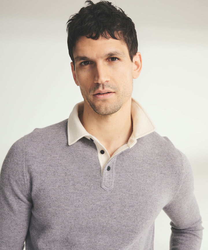 Signature Cashmere Long Sleeve Polo with Contrast Collar
