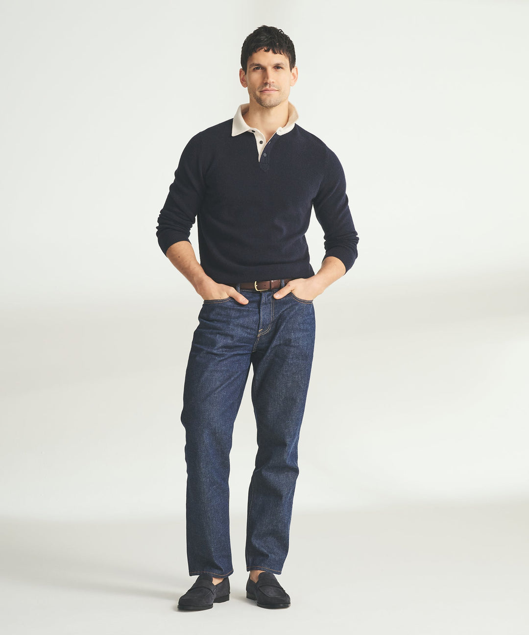 Signature Cashmere Long Sleeve Polo with Contrast Collar