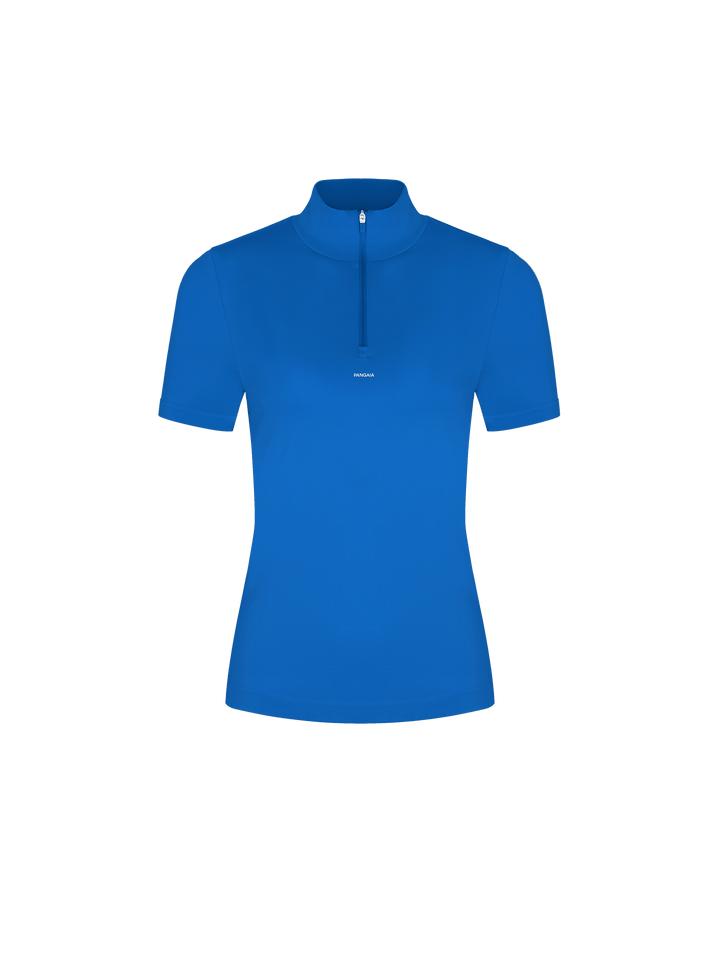 Womens 99% Bio-Based Zipped Short Sleeve Top—Gaia Blue
